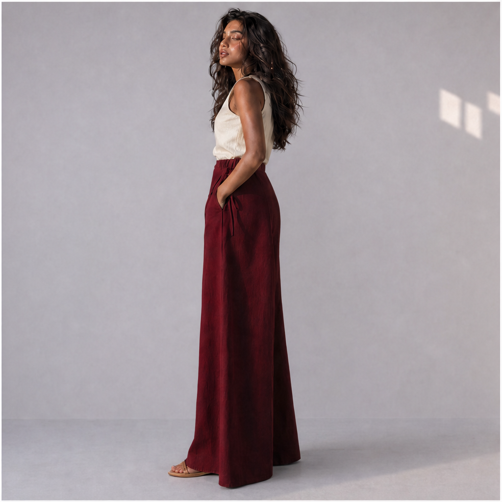 Cotton Linen Wrap-Front Palazzo Trousers in Maroon, Ratń Swamini · side view