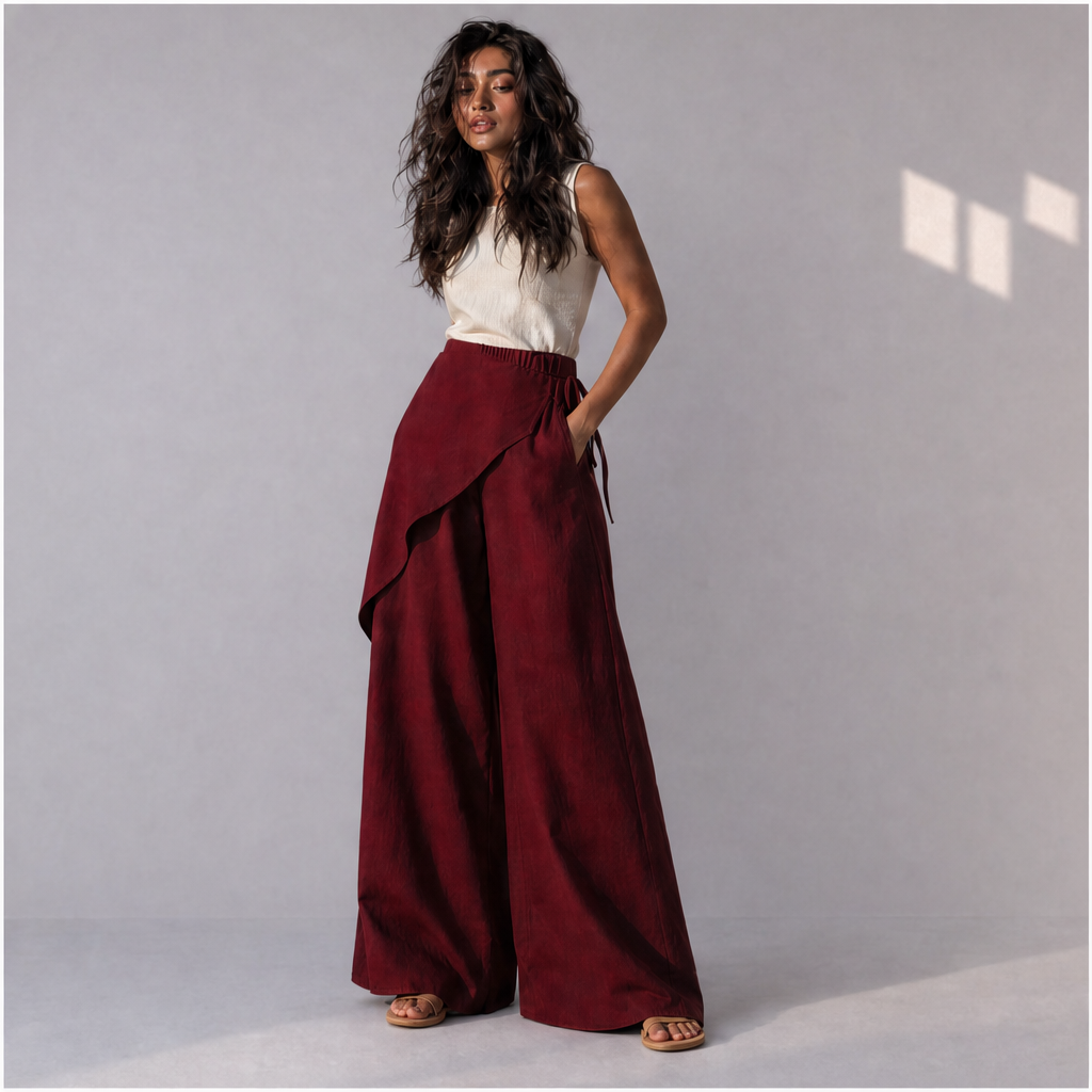 Cotton Linen Wrap-Front Palazzo Trousers in Maroon, Ratń Swamini · alt front view
