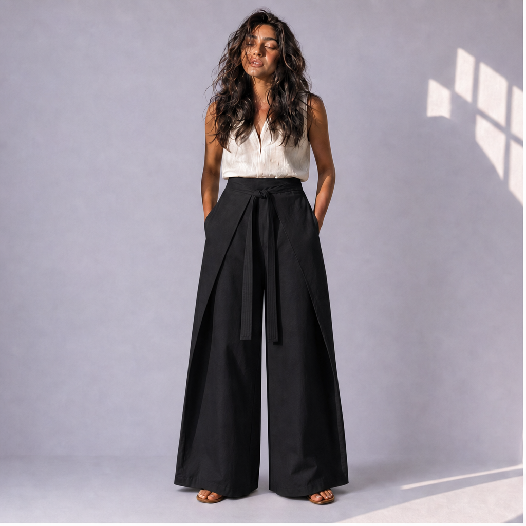 Cotton Linen Wrap-Front Palazzo Trousers in Black, Ratń Swamini