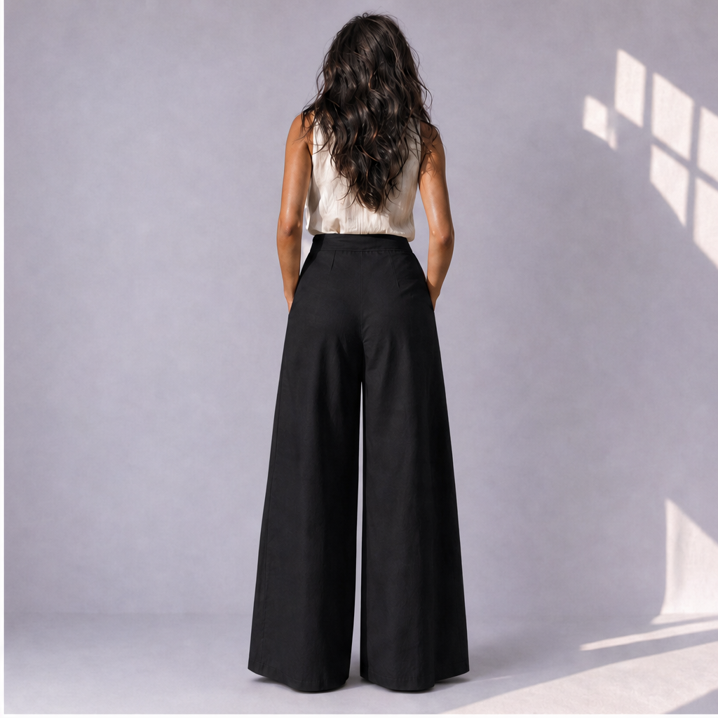 Cotton Linen Wrap-Front Palazzo Trousers in Black, Ratń Swamini · back view