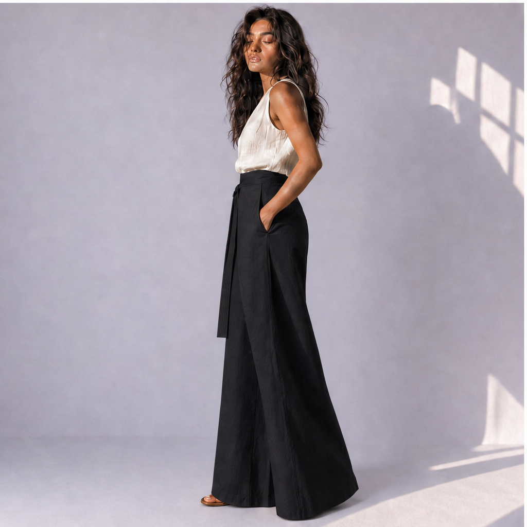 Cotton Linen Wrap-Front Palazzo Trousers in Black, Ratń Swamini · side view