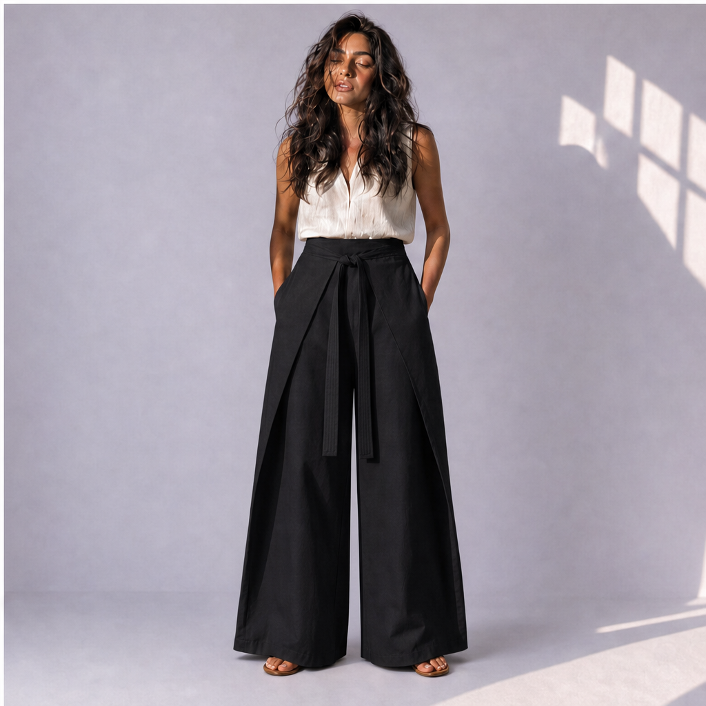 Cotton Linen Wrap-Front Palazzo Trousers in Black, Ratń Swamini · alt front view