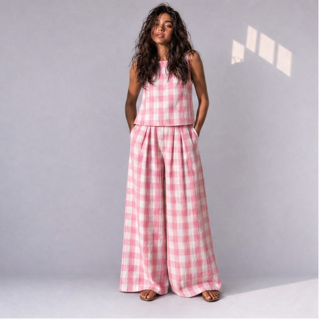 Cotton Linen Checked Top & Wide Leg Trouser Co-ord Set (2 Pcs), Ratń Swamini