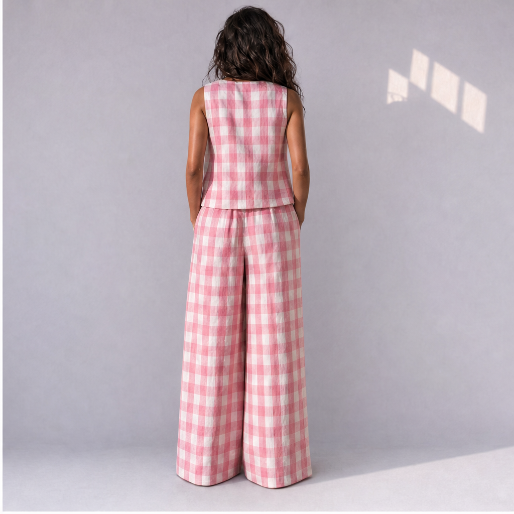 Cotton Linen Checked Top & Wide Leg Trouser Co-ord Set (2 Pcs), Ratń Swamini · back view