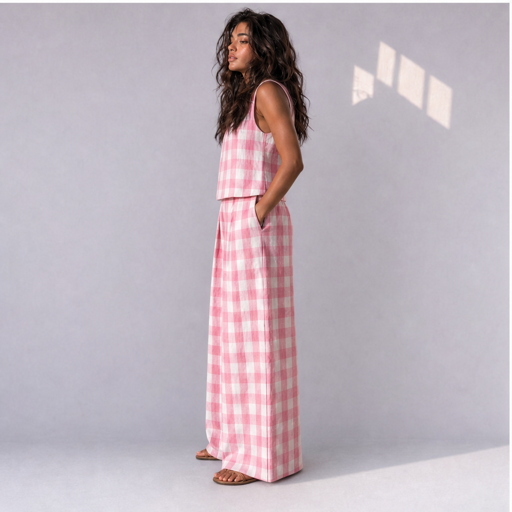 Cotton Linen Checked Top & Wide Leg Trouser Co-ord Set (2 Pcs), Ratń Swamini · side view