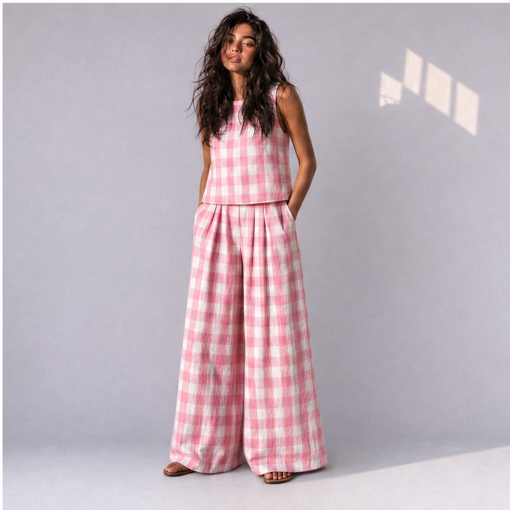 Cotton Linen Checked Top & Wide Leg Trouser Co-ord Set (2 Pcs), Ratń Swamini · alt front view
