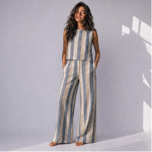 Cotton Linen Striped Top & Wide Leg Trouser Co-ord Set (2 Pcs), Ratń Swamini
