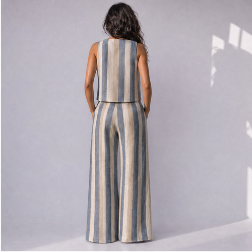 Cotton Linen Striped Top & Wide Leg Trouser Co-ord Set (2 Pcs), Ratń Swamini · back view
