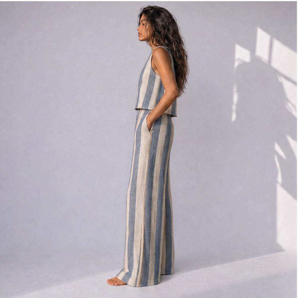 Cotton Linen Striped Top & Wide Leg Trouser Co-ord Set (2 Pcs), Ratń Swamini · side view