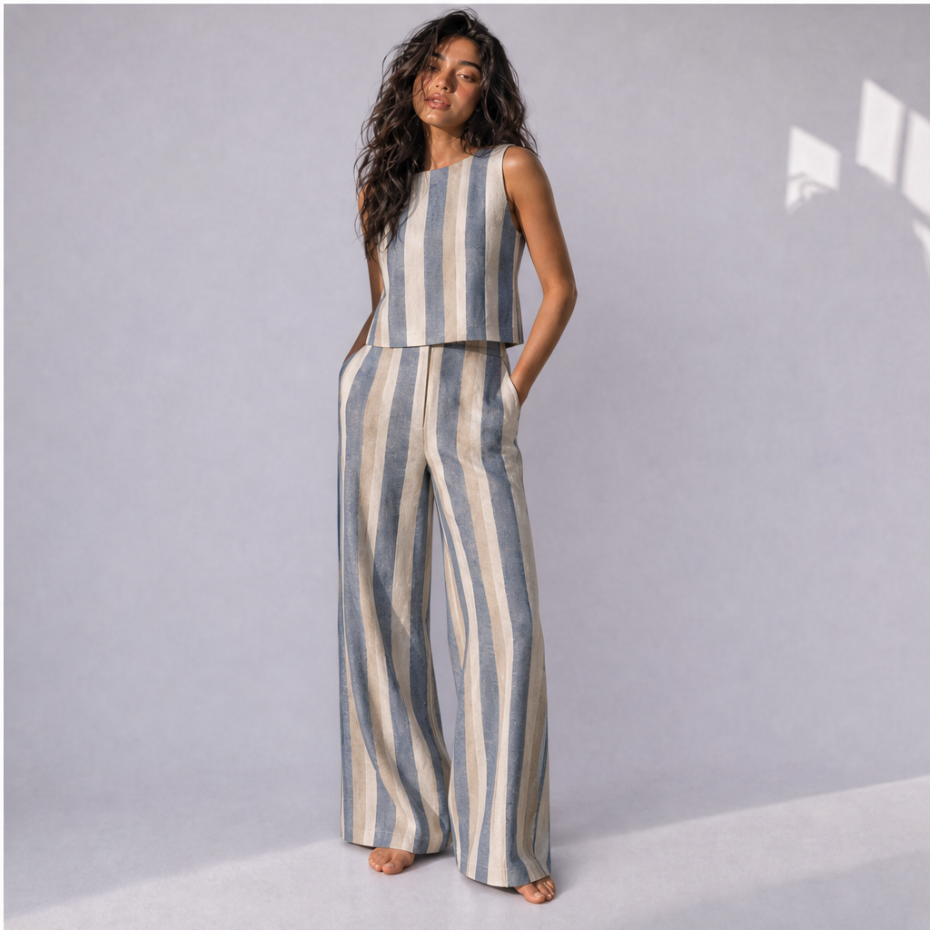 Cotton Linen Striped Top & Wide Leg Trouser Co-ord Set (2 Pcs), Ratń Swamini · alt front view