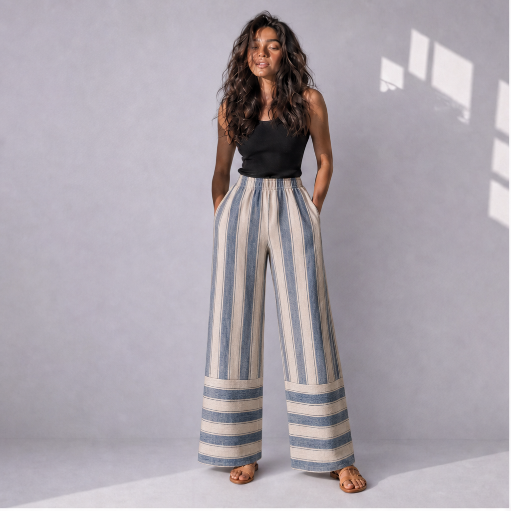Cotton Linen Border Stripe Wide Leg Trousers, Ratń Swamini