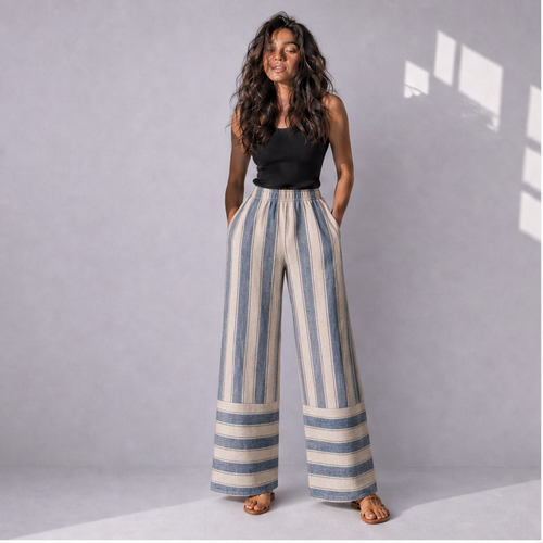 Cotton Linen Border Stripe Wide Leg Trousers, Ratń Swamini