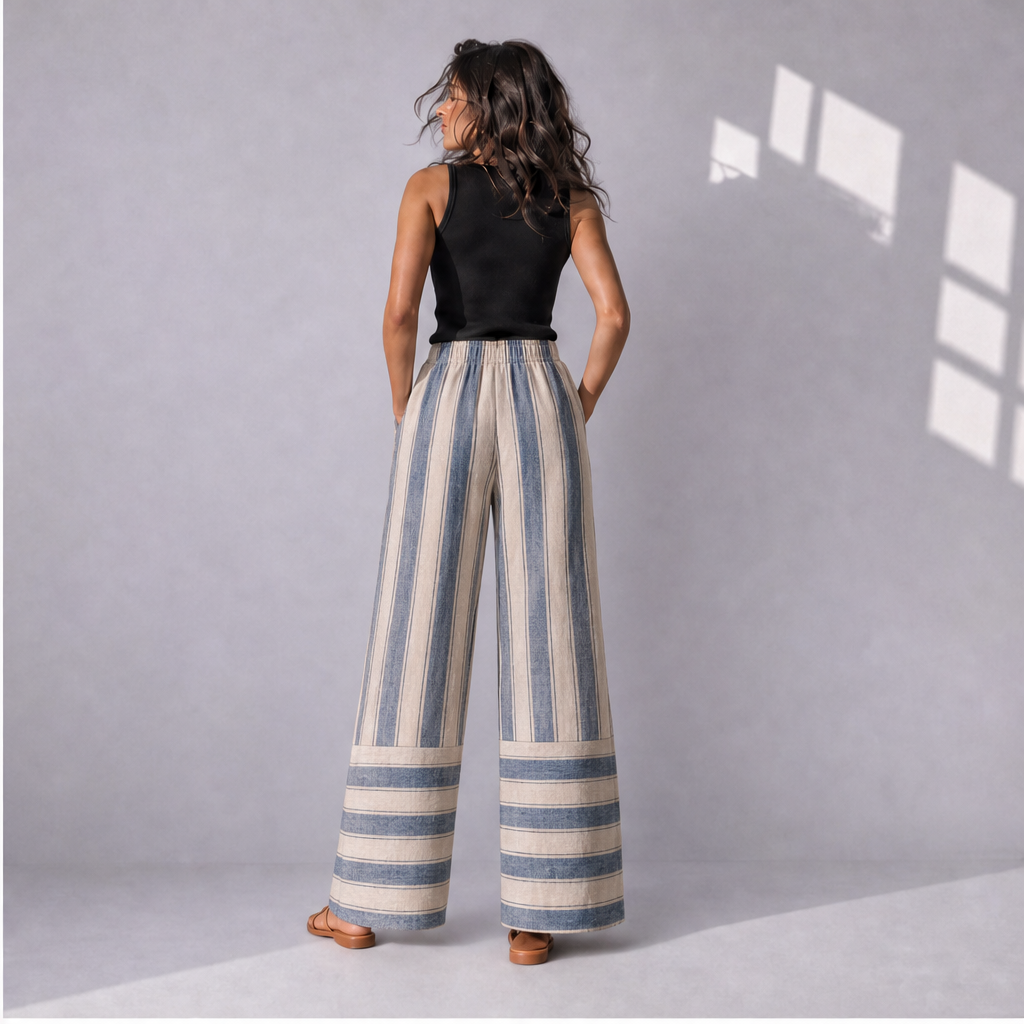 Cotton Linen Border Stripe Wide Leg Trousers, Ratń Swamini · back view