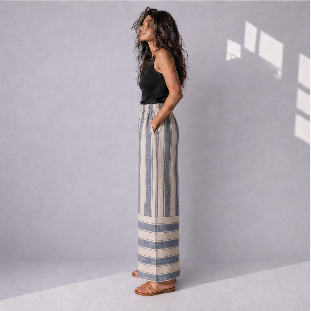 Cotton Linen Border Stripe Wide Leg Trousers, Ratń Swamini · side view