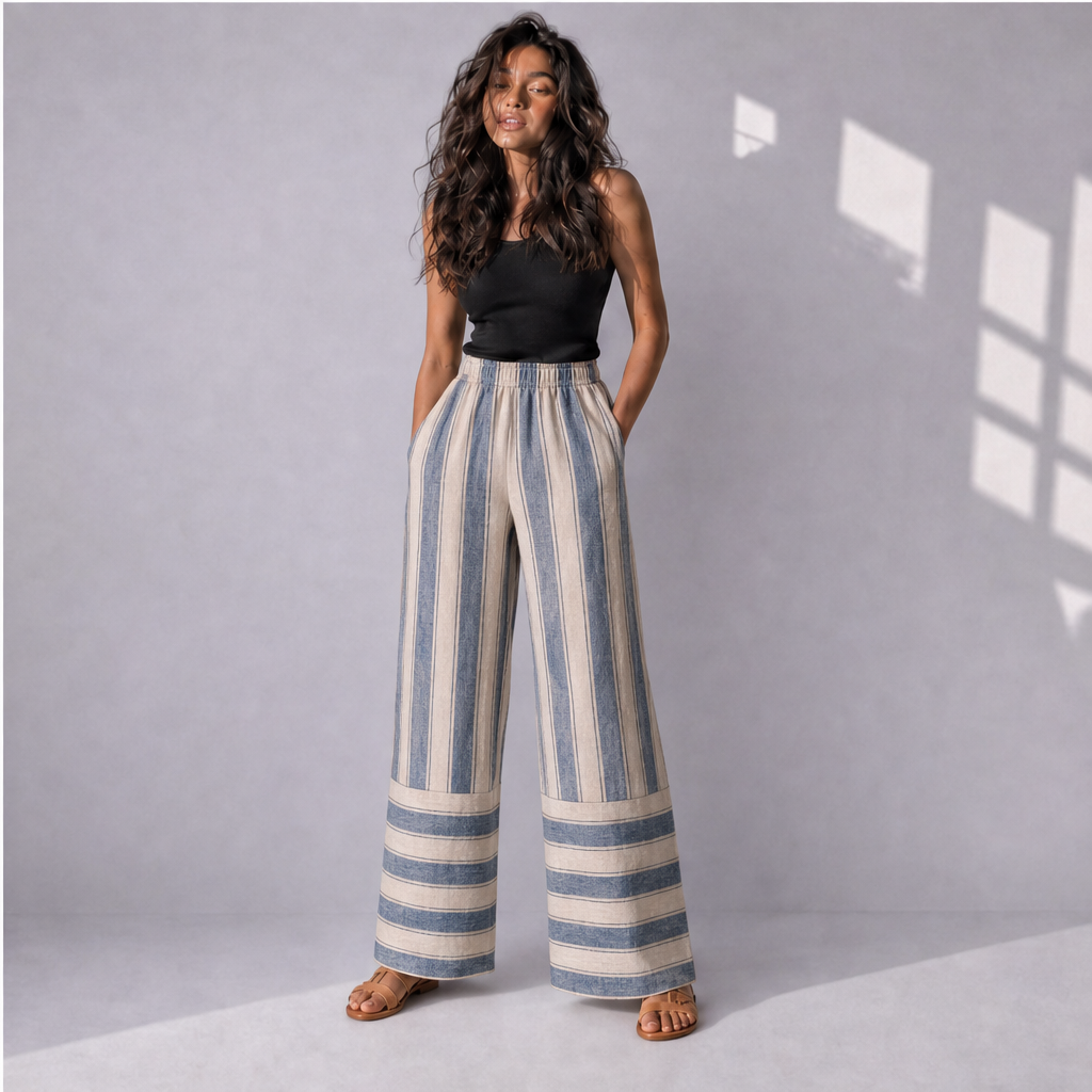 Cotton Linen Border Stripe Wide Leg Trousers, Ratń Swamini · alt front view