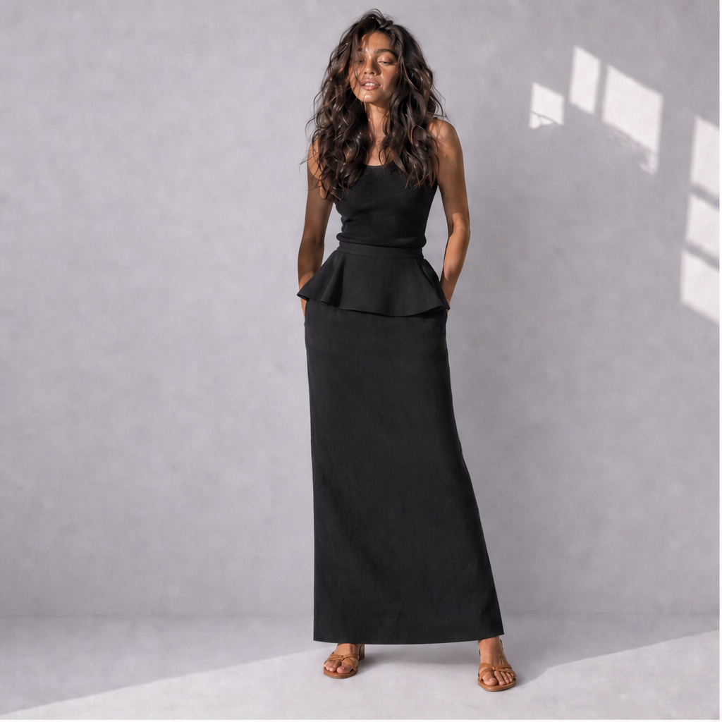 Cotton Linen Peplum Top & Maxi Skirt Co-ord Set (2 Pcs), Ratń Swamini