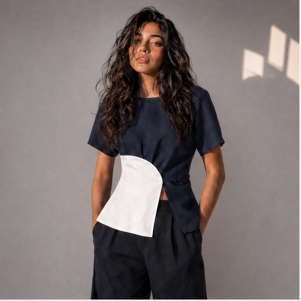Linen Colour-Block Short Sleeve Top, Ratń Swamini
