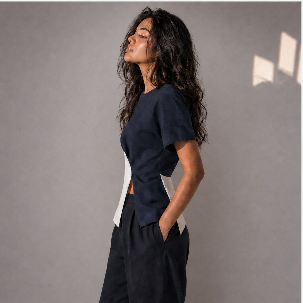 Linen Colour-Block Short Sleeve Top, Ratń Swamini · side view