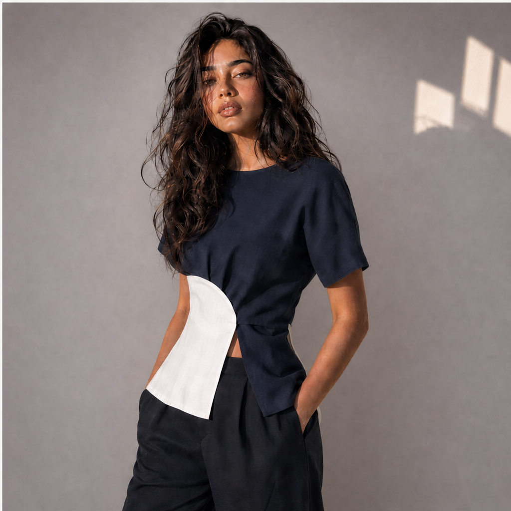 Linen Colour-Block Short Sleeve Top, Ratń Swamini · alt front view