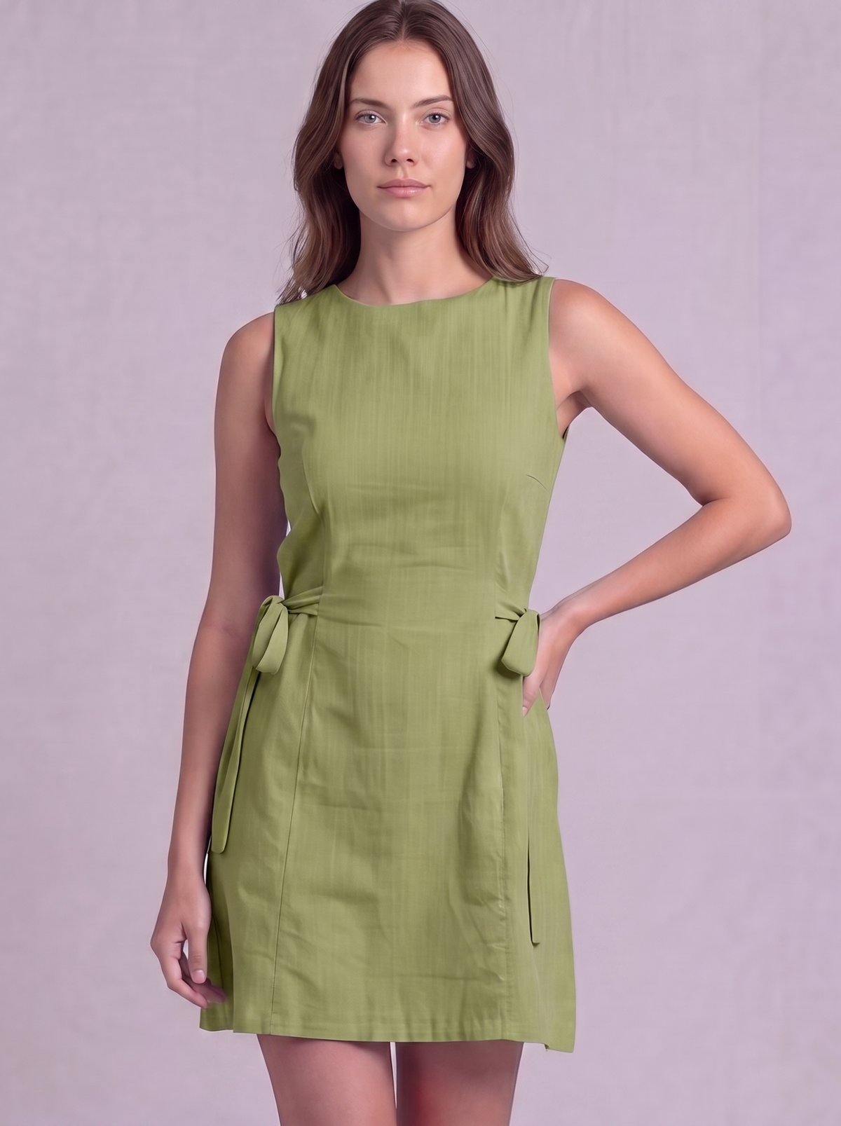 Linen Cotton Mini Dress in Light Olive