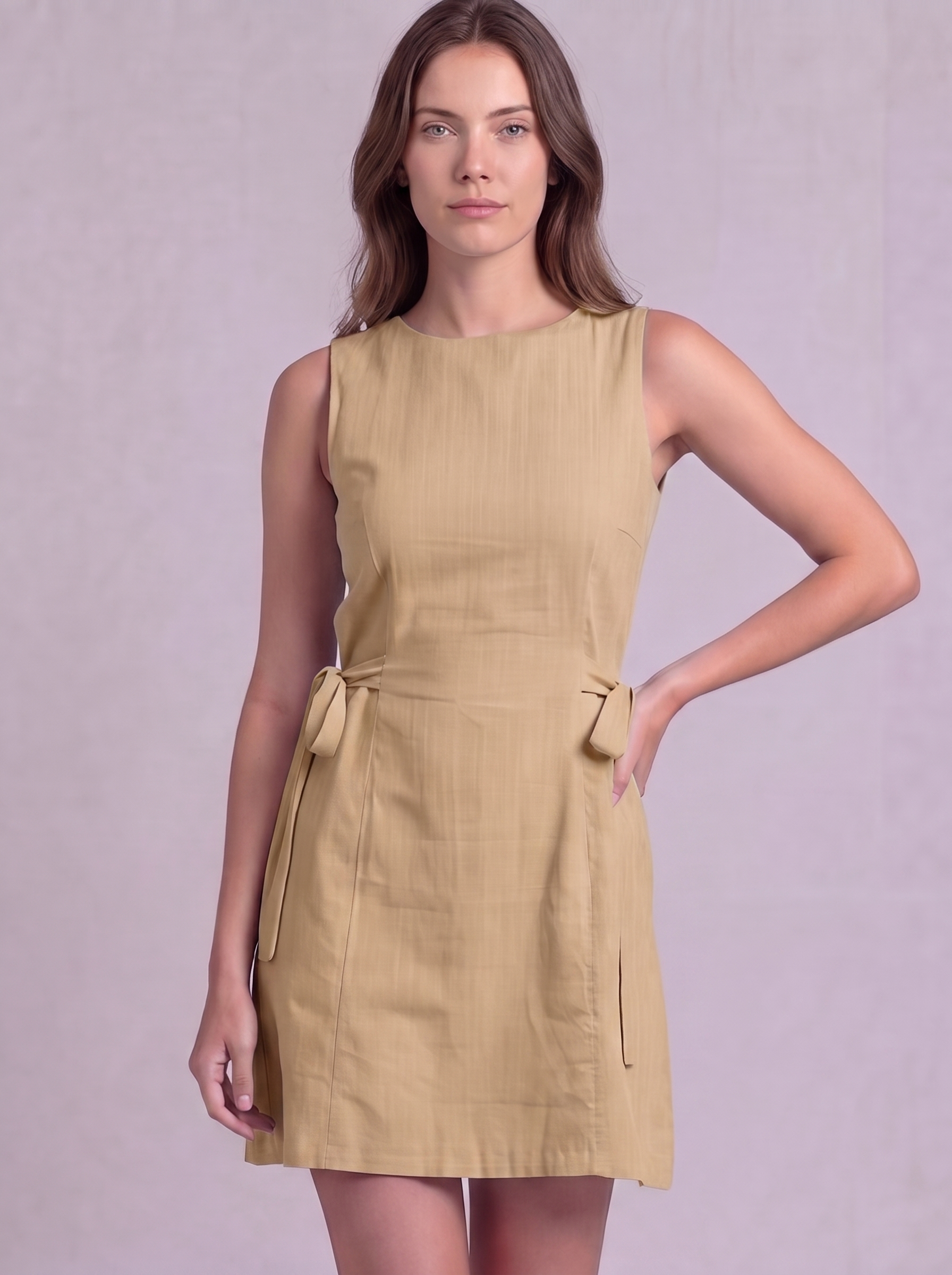 Linen Cotton Mini Dress in Beige