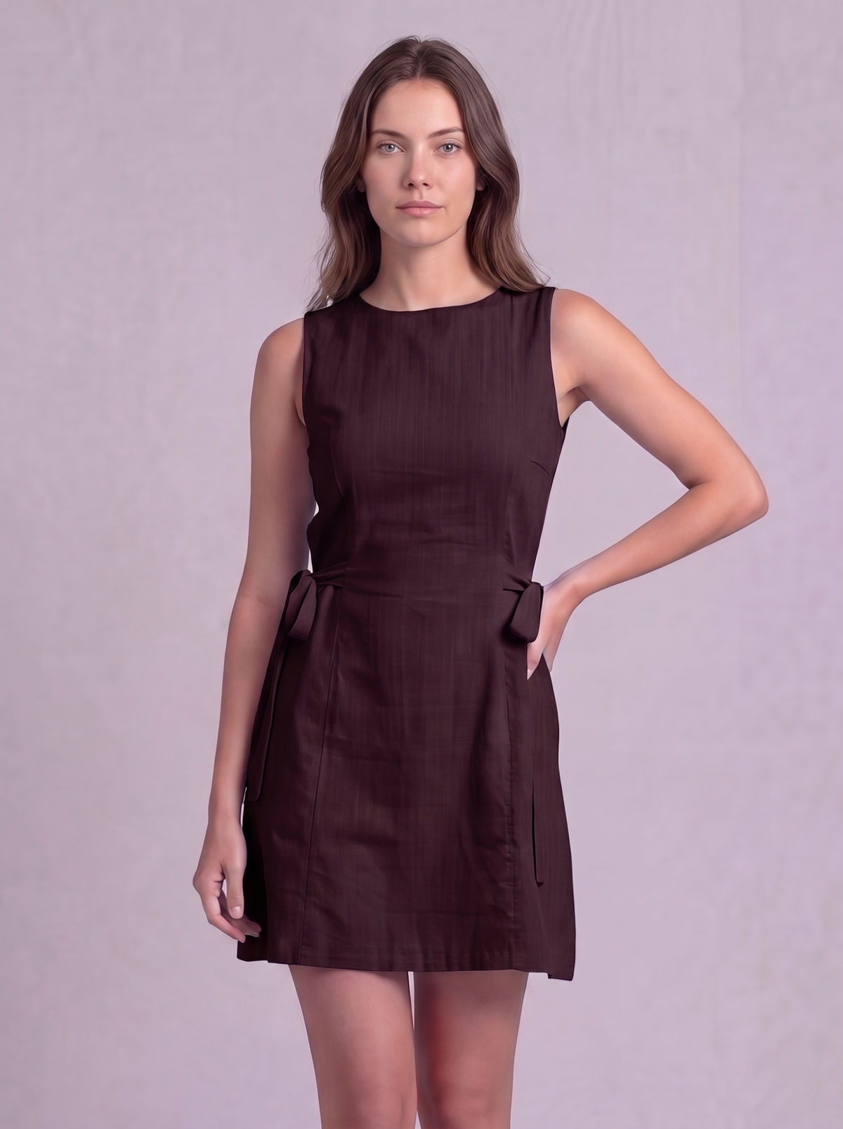 Linen Cotton Mini Dress in Burnt Maroon