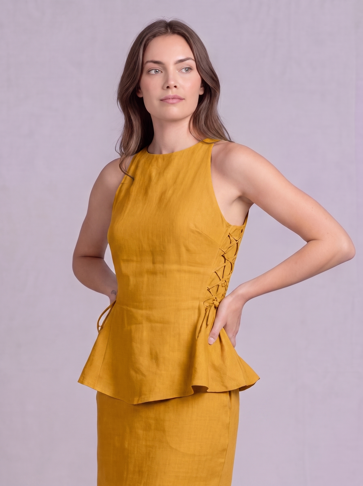 Linen Peplum Blouse in Mustard
