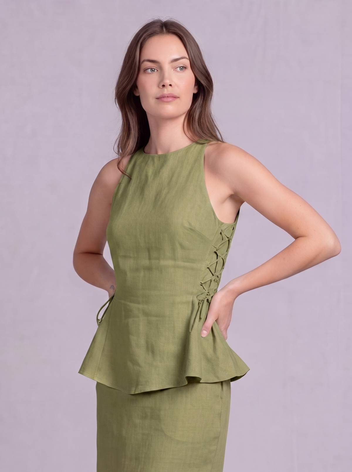 Linen Peplum Blouse in Light Olive