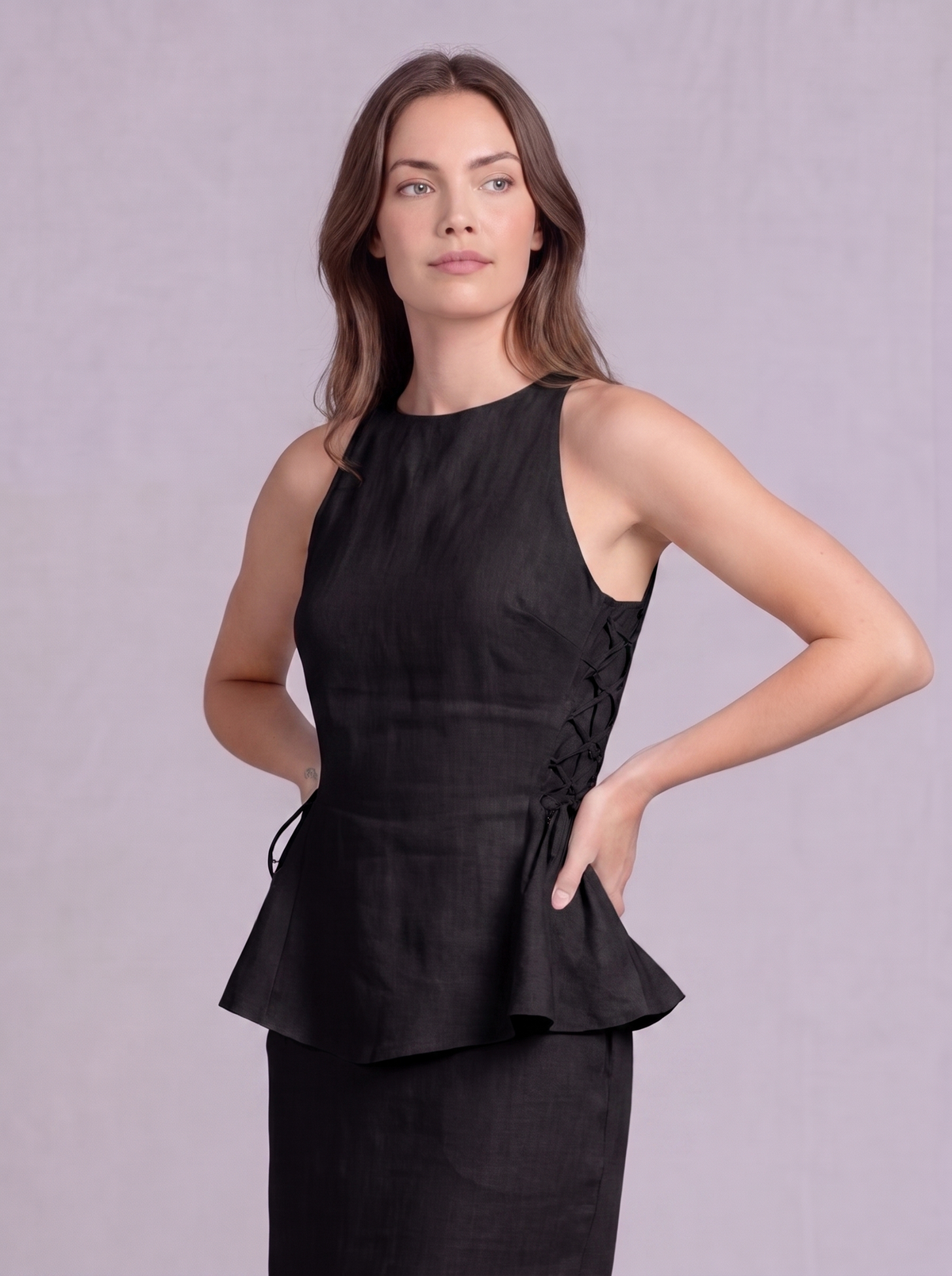 Linen Peplum Blouse in Black