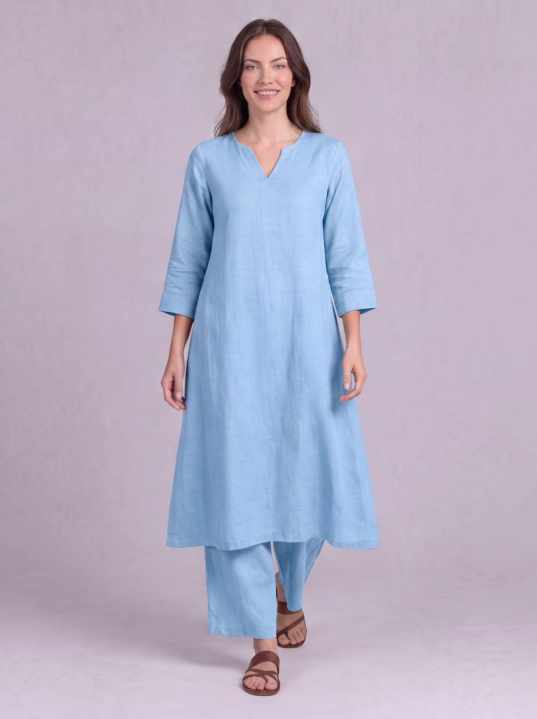 Linen Cotton Kurta & Palazzo Co-ord Set in Powder Blue