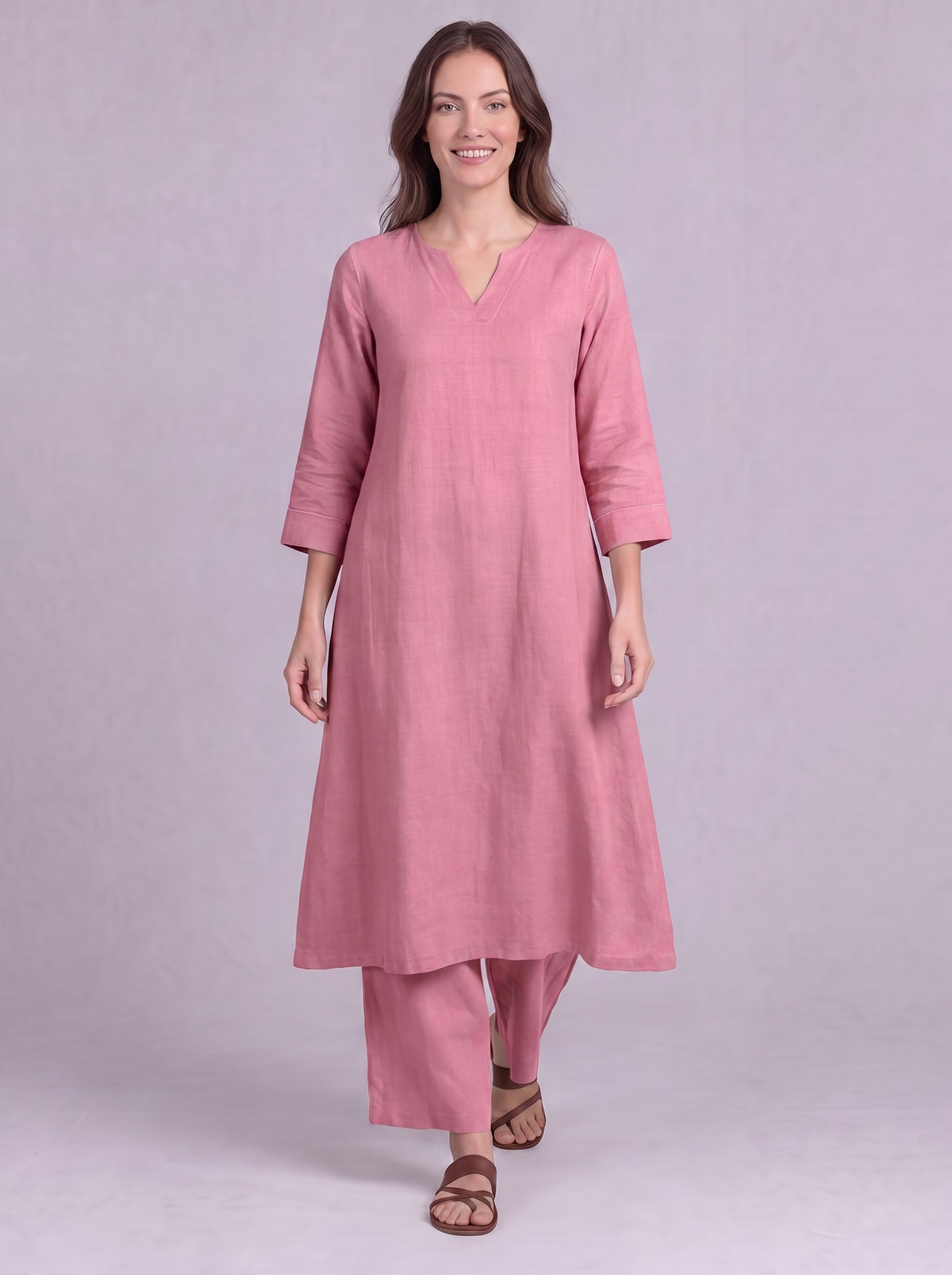 Linen Cotton Kurta & Palazzo Co-ord Set in Soft Pink