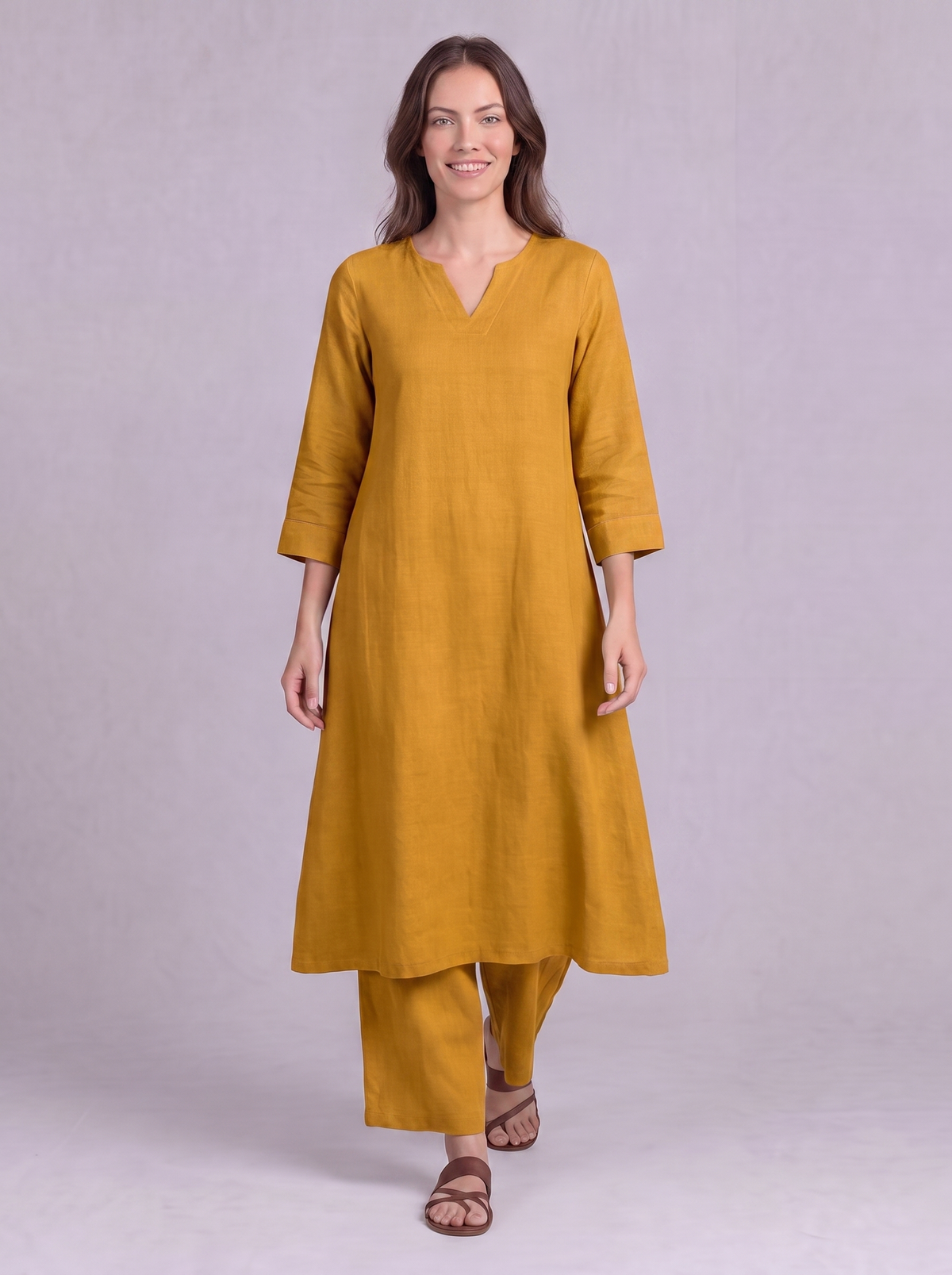 Linen Cotton Kurta & Palazzo Co-ord Set in Mustard