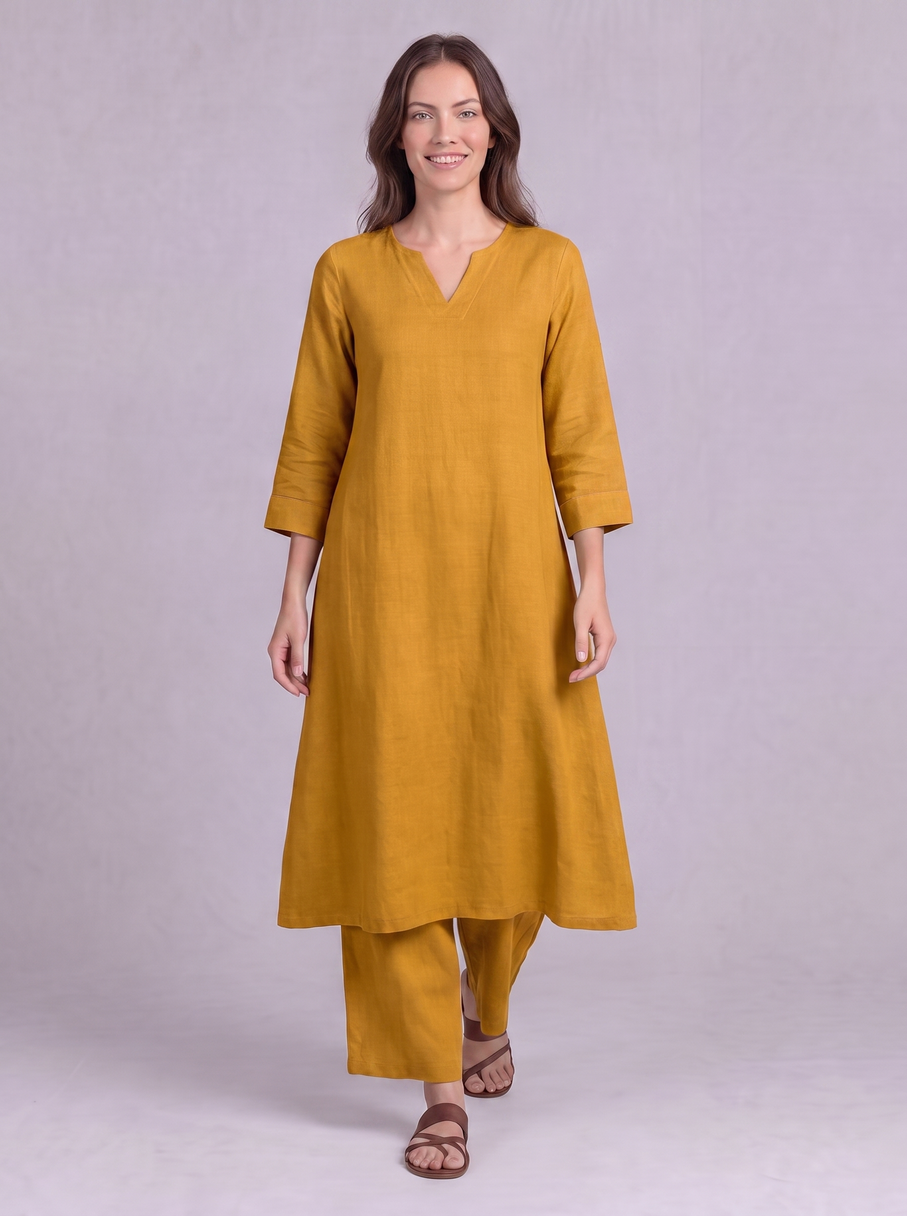 Linen Cotton Kurta & Palazzo Co-ord Set in Mustard