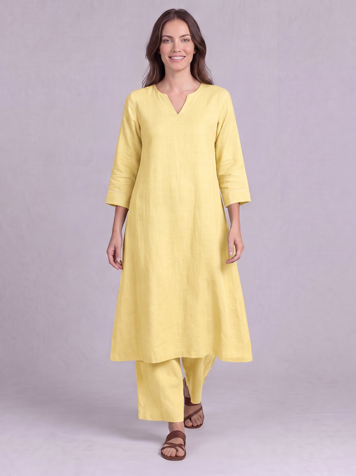 Linen Cotton Kurta & Palazzo Co-ord Set in Butter Yellow