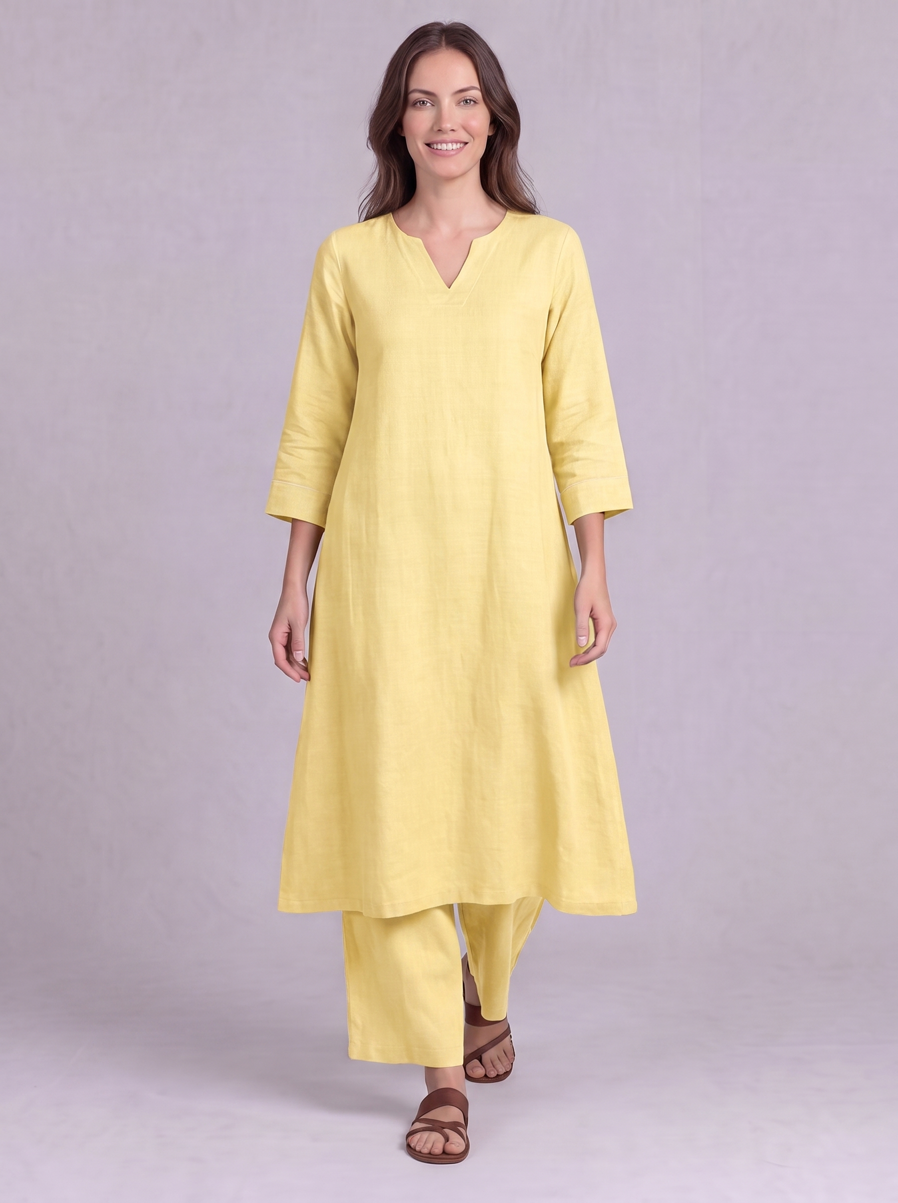 Linen Cotton Kurta & Palazzo Co-ord Set in Butter Yellow