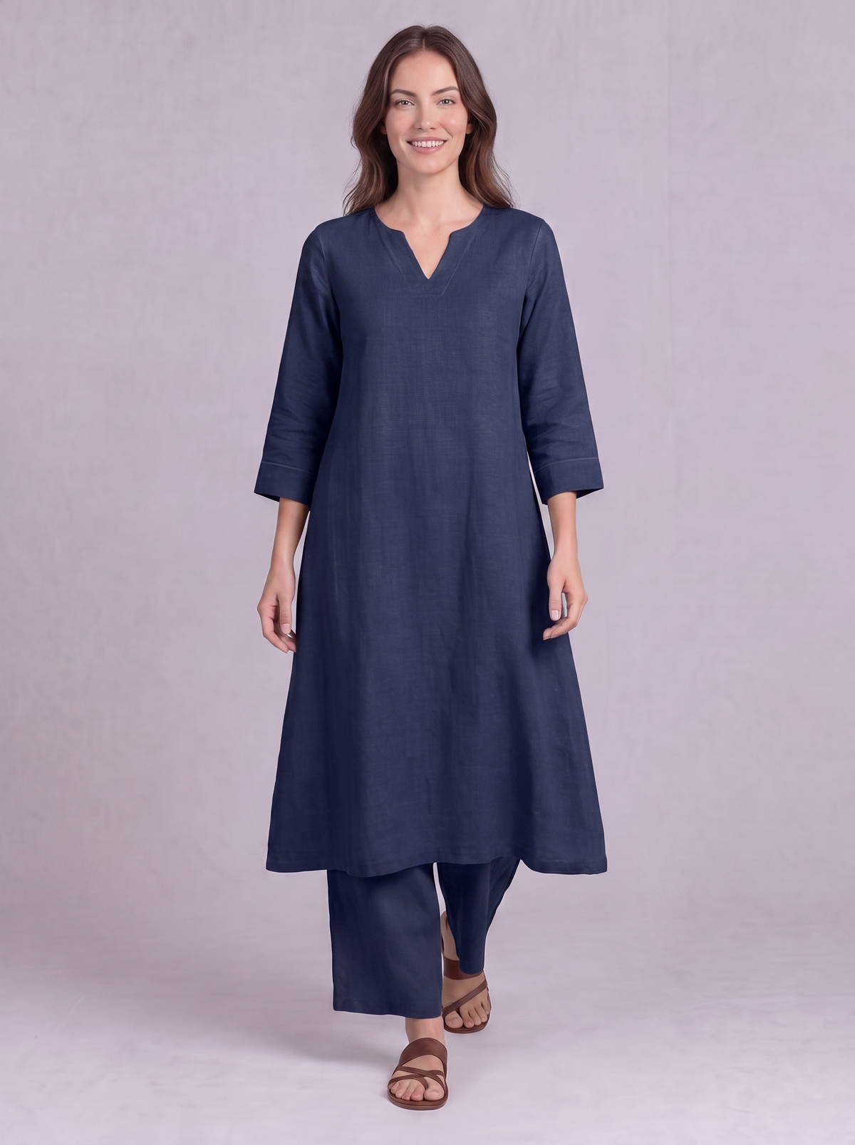 Linen Cotton Kurta & Palazzo Co-ord Set in Dark Blue