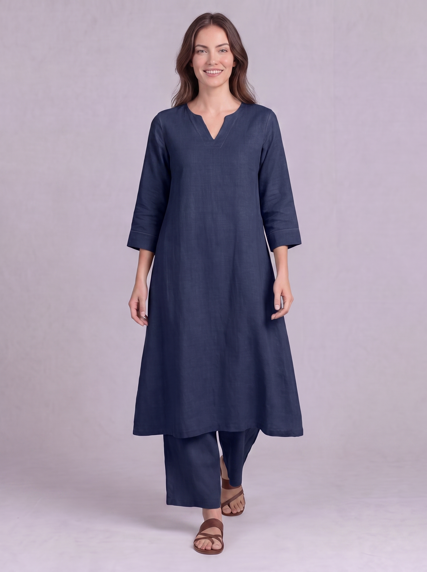 Linen Cotton Kurta & Palazzo Co-ord Set in Dark Blue