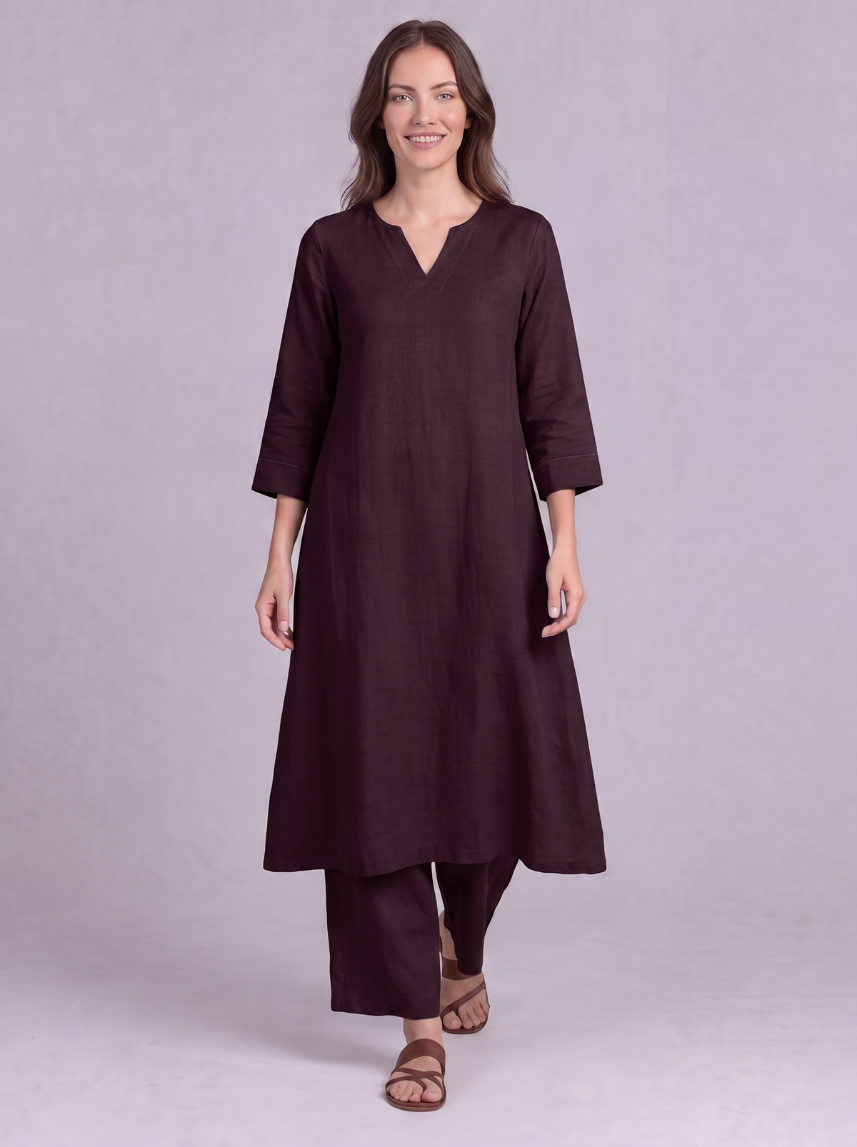 Linen Cotton Kurta & Palazzo Co-ord Set in Burnt Maroon
