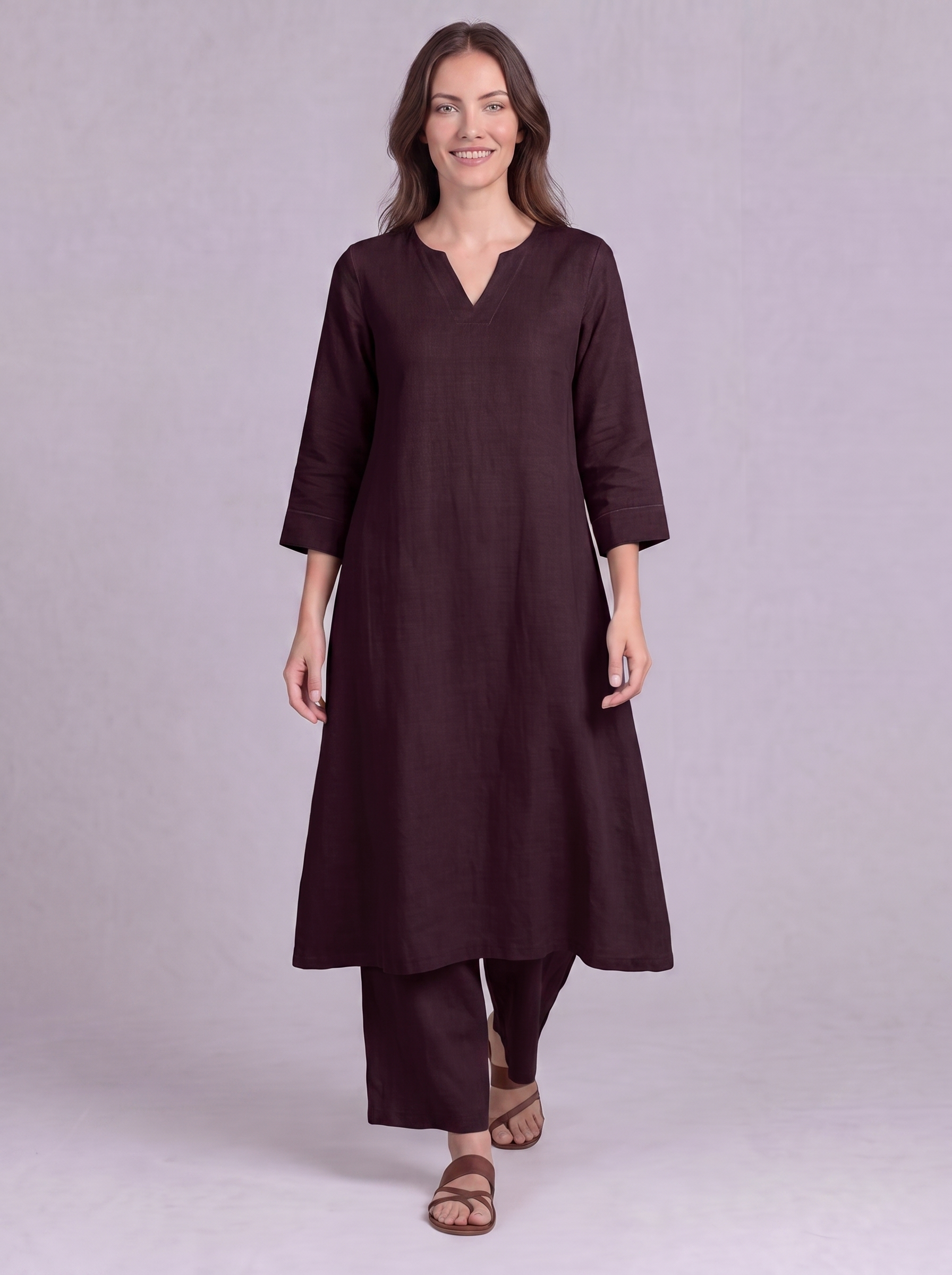 Linen Cotton Kurta & Palazzo Co-ord Set in Burnt Maroon