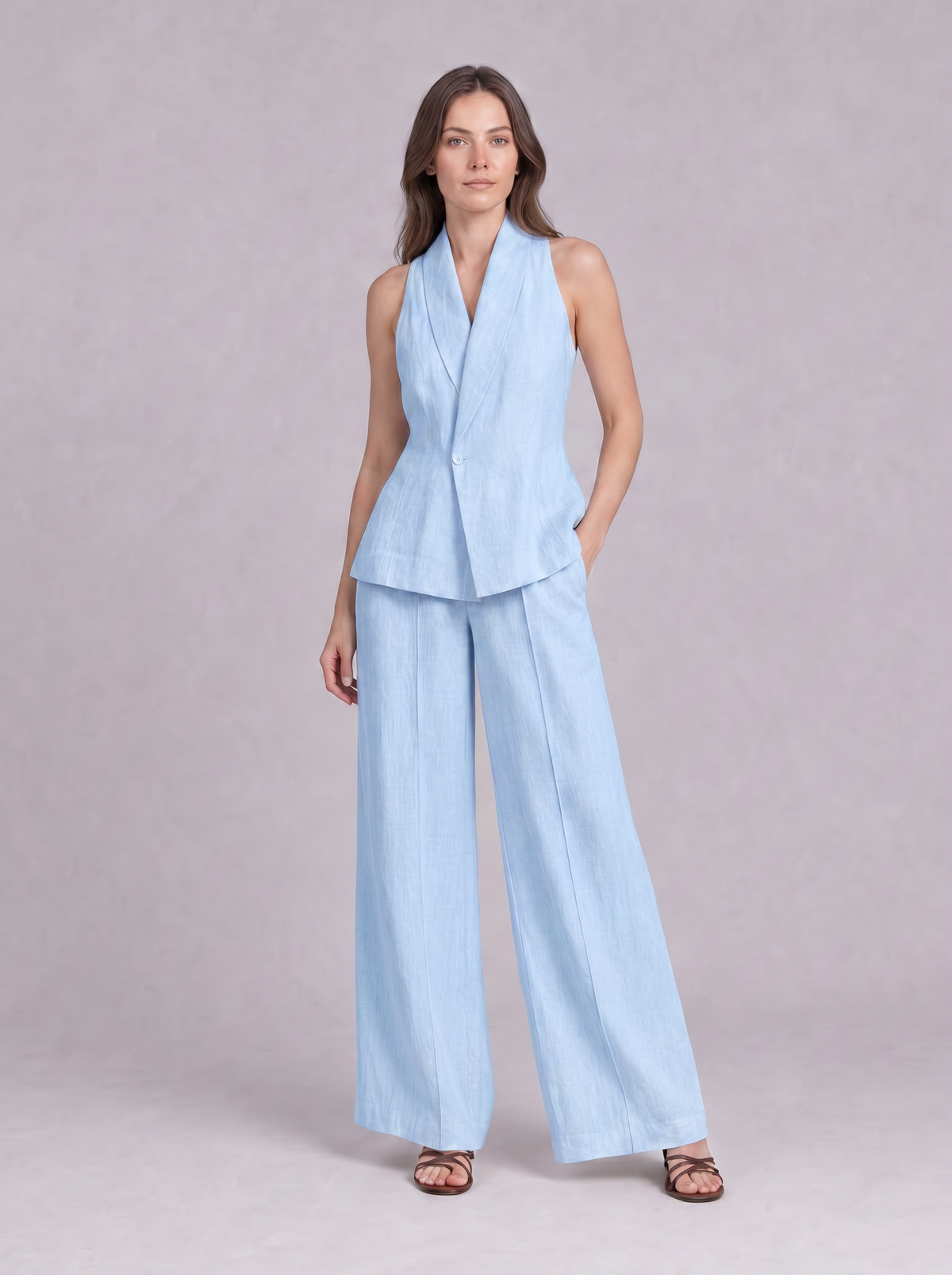 Linen Cotton Blazer Vest & Wide Leg Trouser Co-ord in Powder Blue