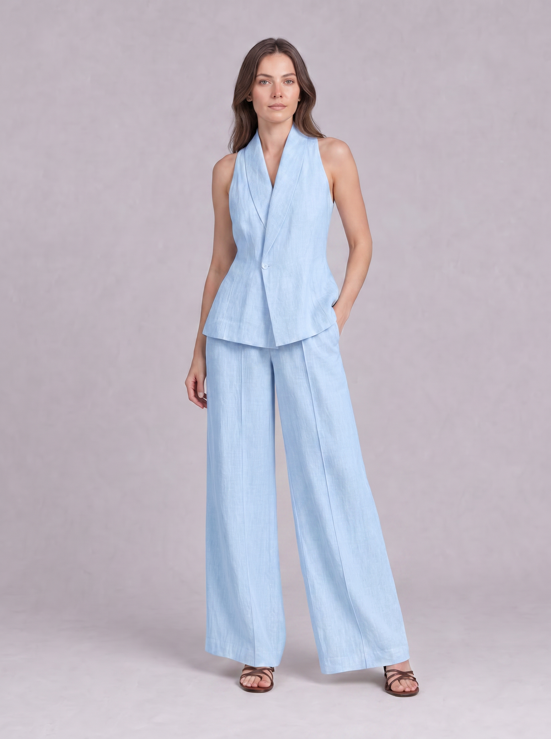 Linen Cotton Blazer Vest & Wide Leg Trouser Co-ord in Powder Blue
