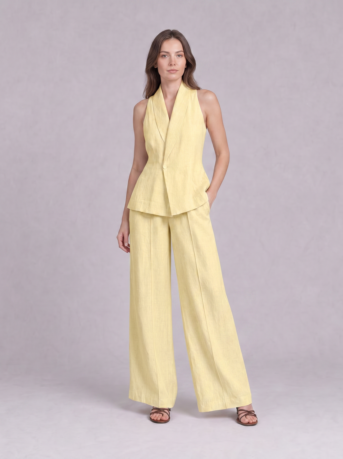 Linen Cotton Blazer Vest & Wide Leg Trouser Co-ord in Butter Yellow