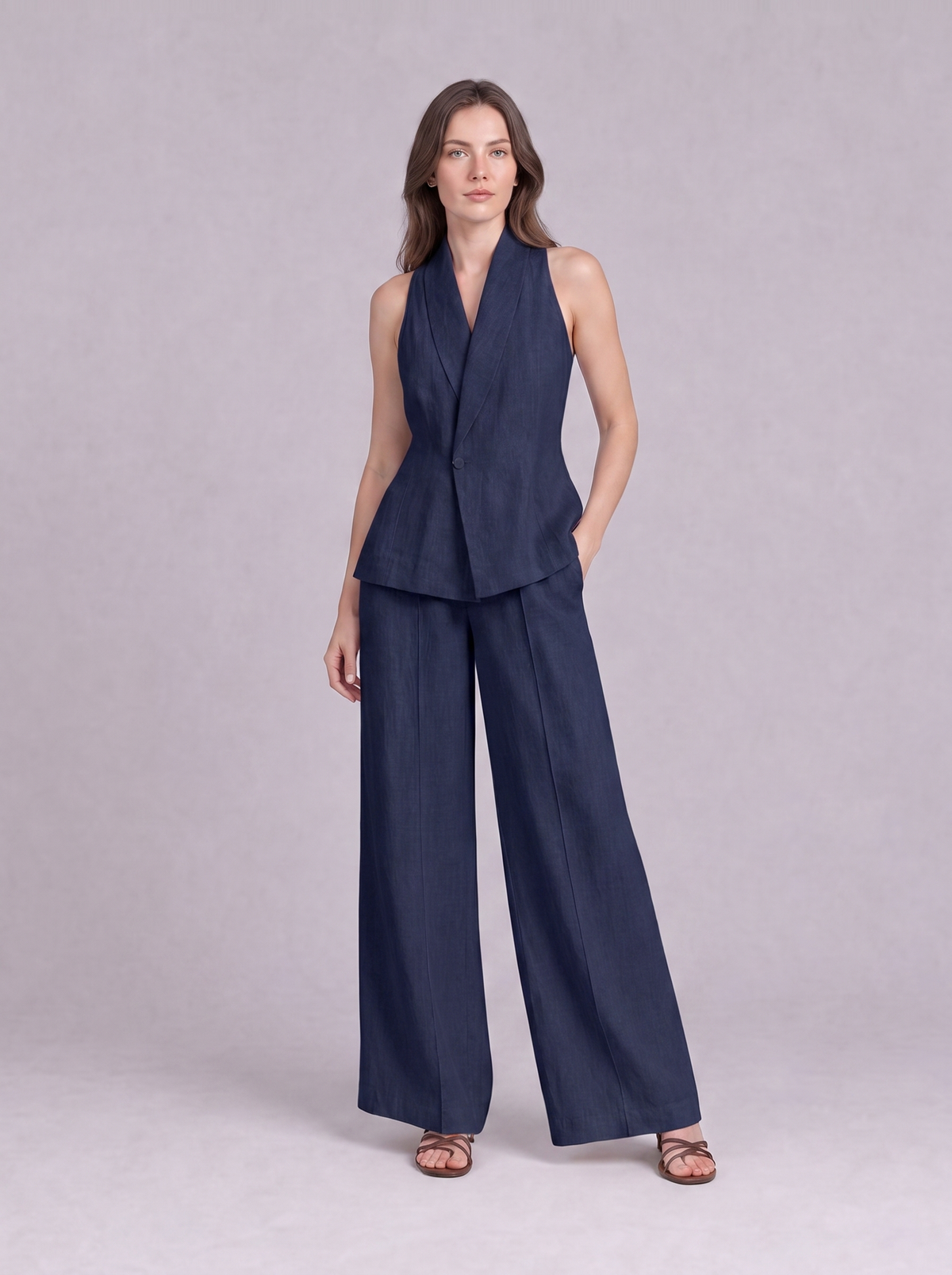 Linen Cotton Blazer Vest & Wide Leg Trouser Co-ord in Dark Blue