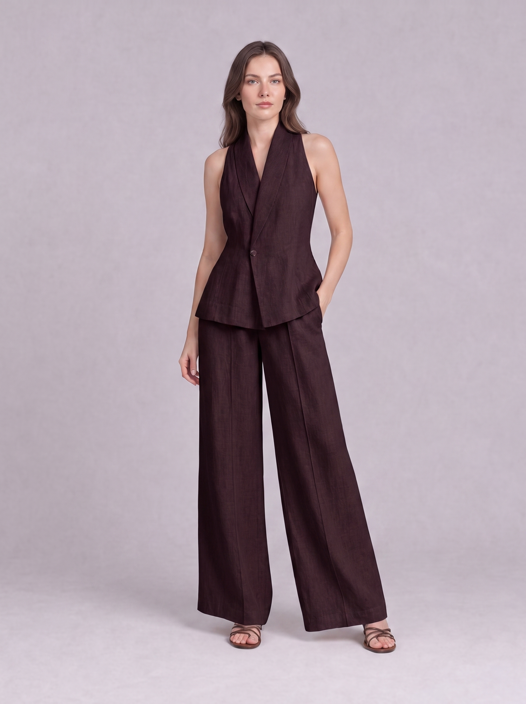 Linen Cotton Blazer Vest & Wide Leg Trouser Co-ord in Burnt Maroon