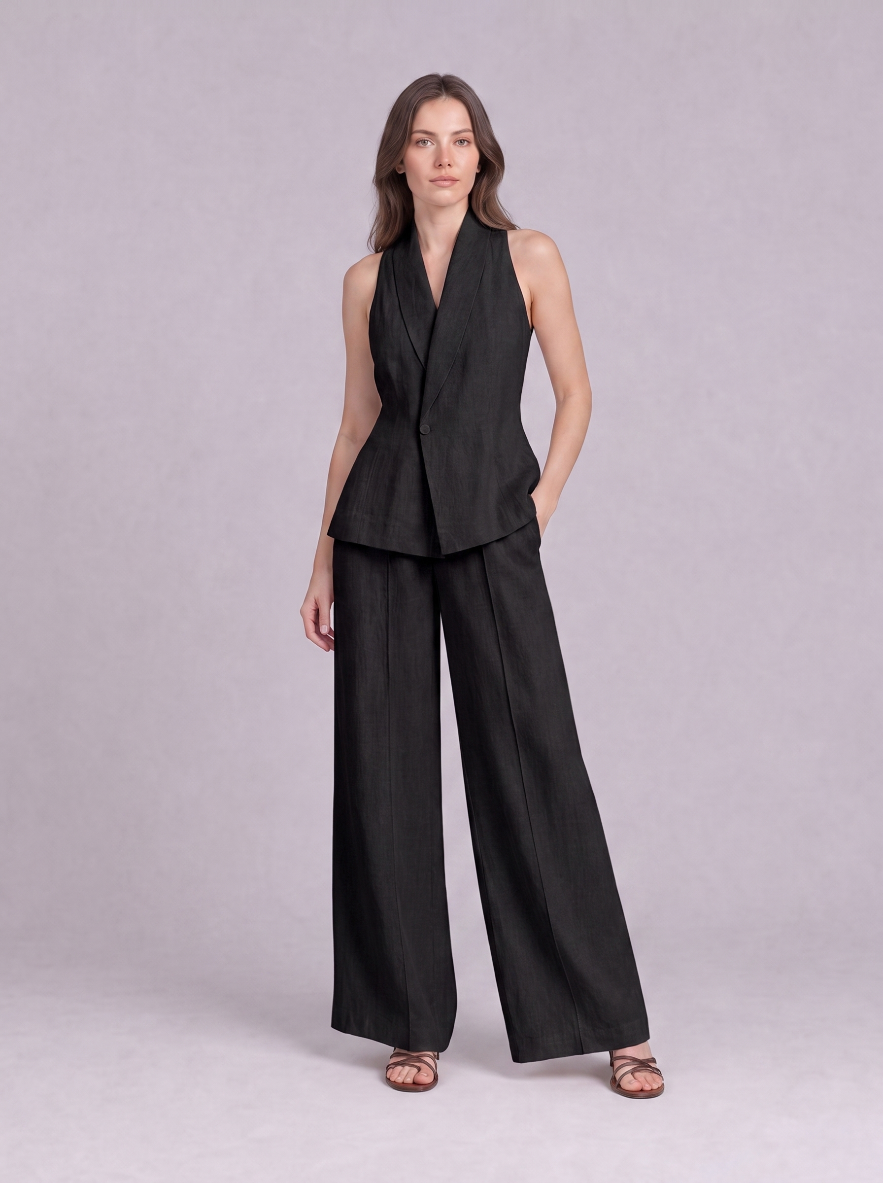 Linen Cotton Blazer Vest & Wide Leg Trouser Co-ord in Black