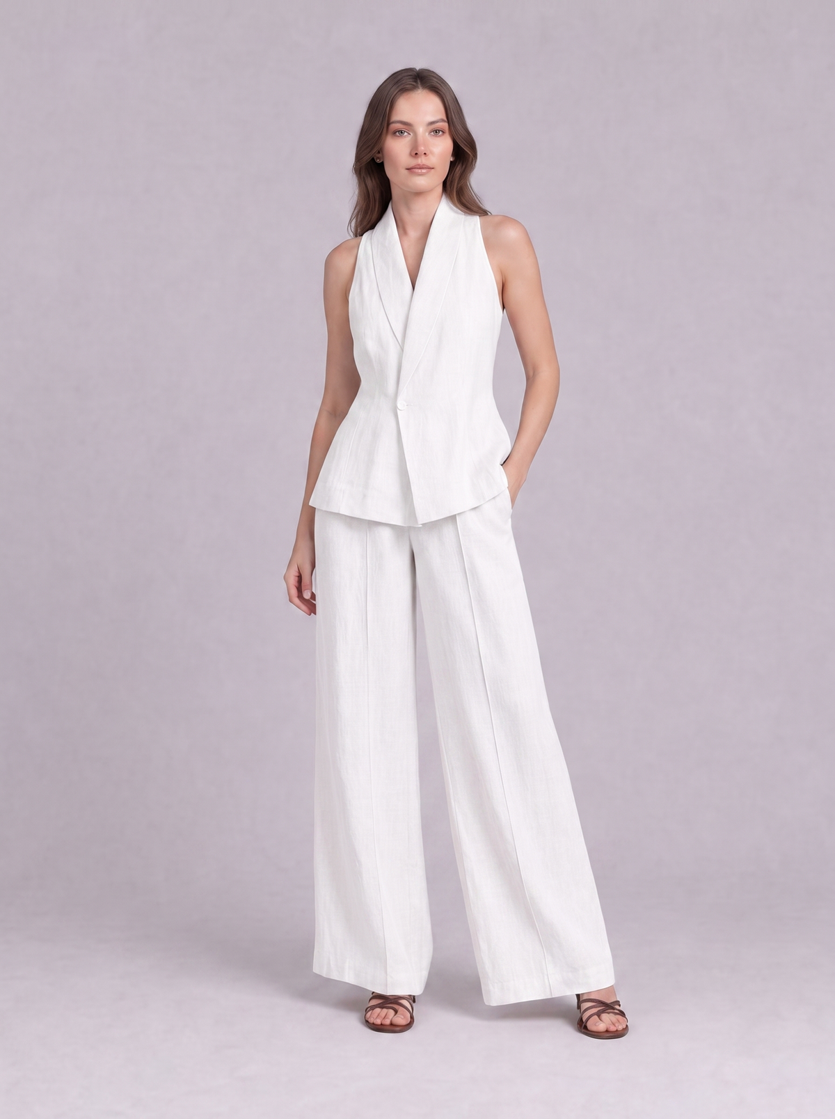 Linen Cotton Blazer Vest & Wide Leg Trouser Co-ord in White
