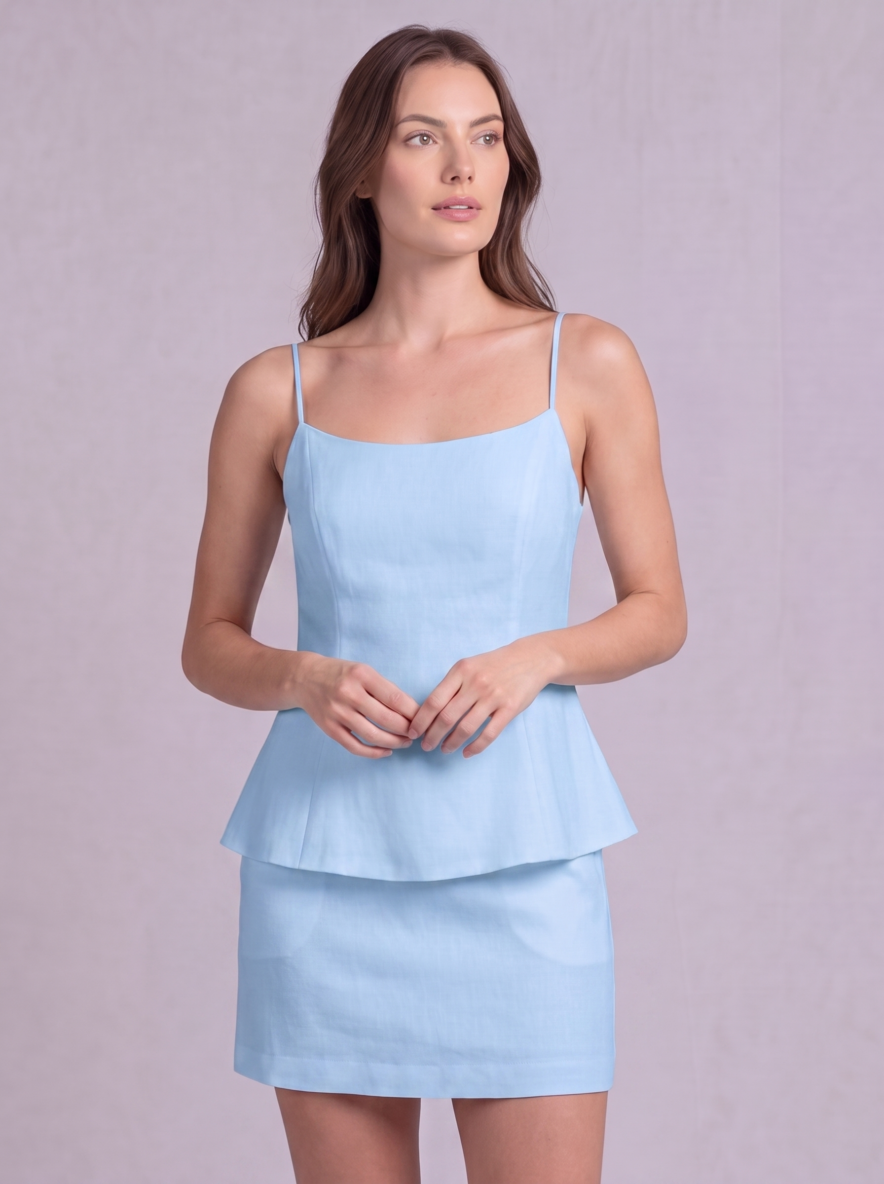 Linen Cotton Double Layer Cami Top & Mini Skirt Co-ord in Powder Blue