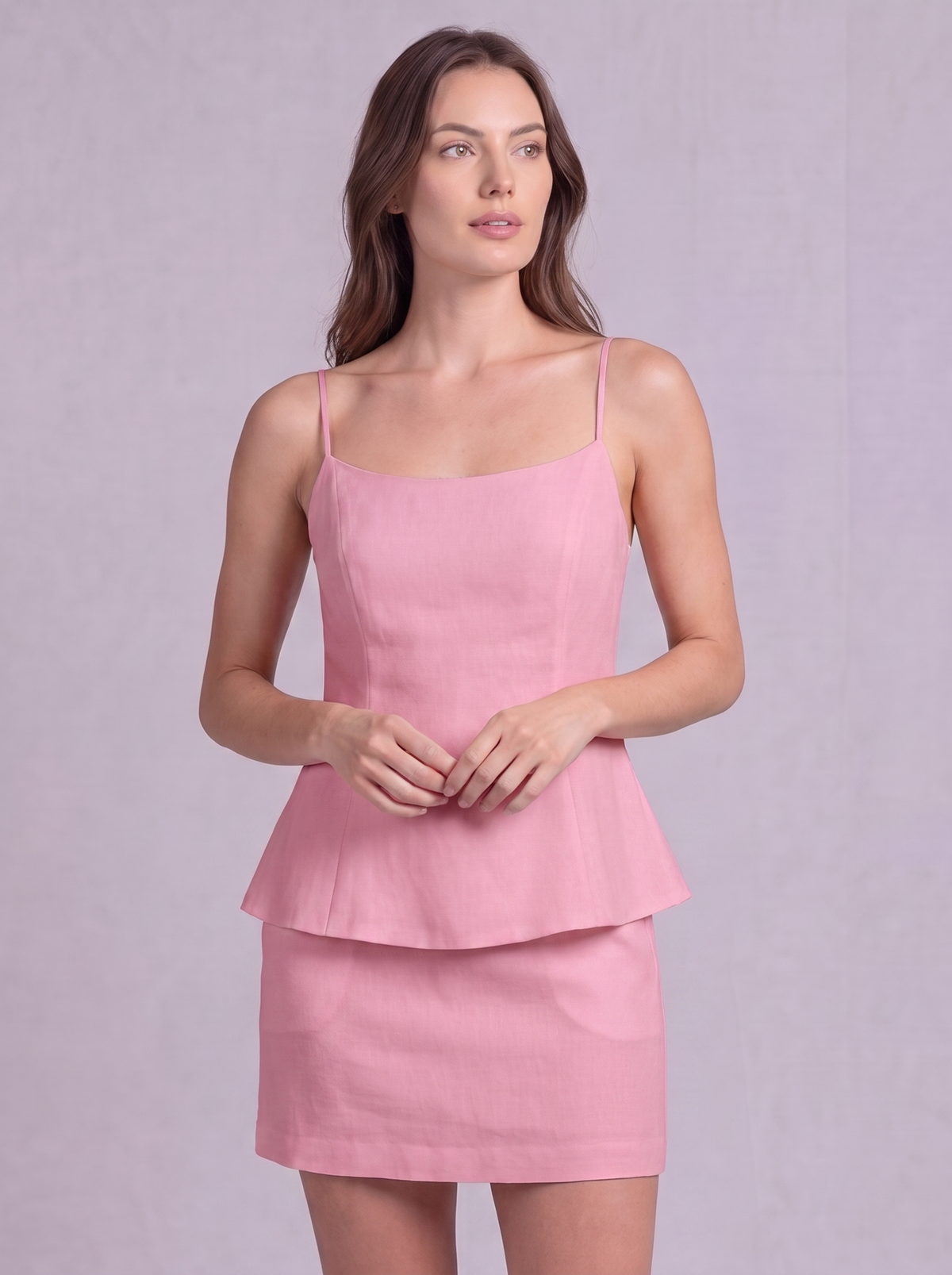 Linen Cotton Double Layer Cami Top & Mini Skirt Co-ord in Soft Pink