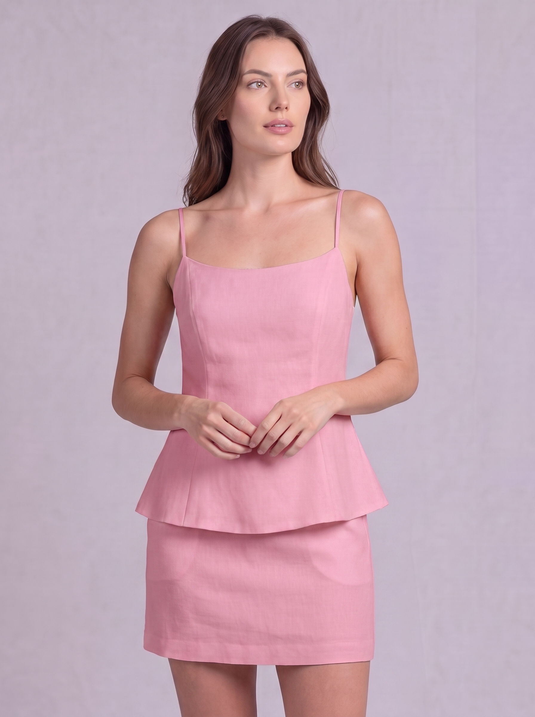 Linen Cotton Double Layer Cami Top & Mini Skirt Co-ord in Soft Pink