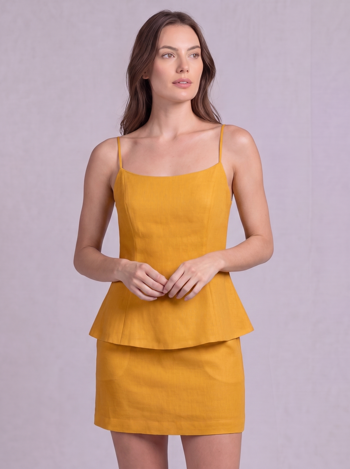 Linen Cotton Double Layer Cami Top & Mini Skirt Co-ord in Mustard